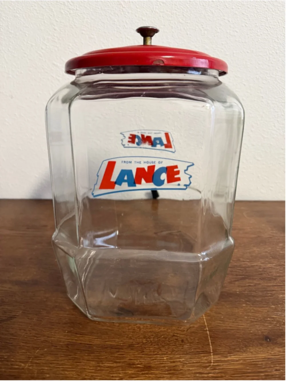 Vintage Lance Glass Jar “From The House of Lance” Store Display w/ Red Metal Lid